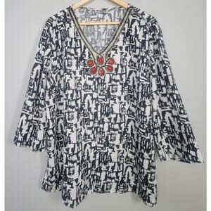 JM Collection Womens XL Linen V Neck Graphic Embellished Top
